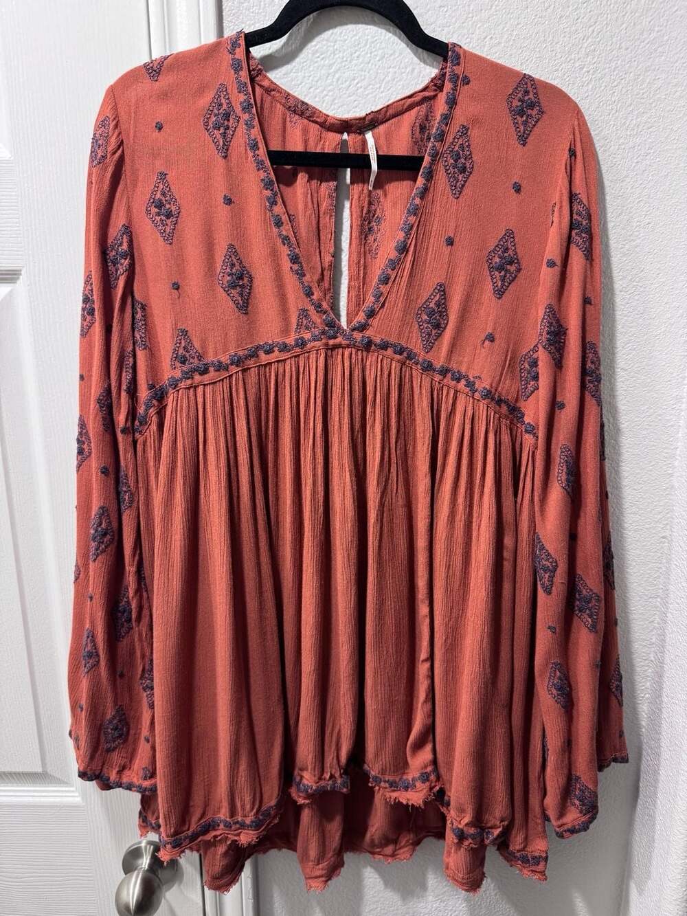 Free People Embroidered Tunic Top Rust Red Size M